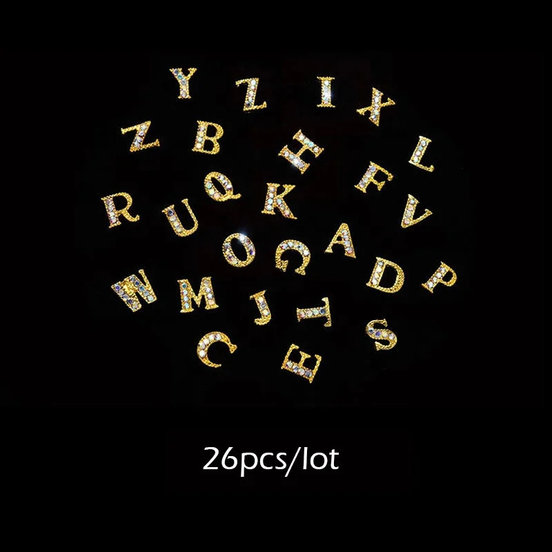 Newest 26pcs 3D Nail Art Gold English Letter Rhinestones Alloy Nail Charms Acrylic Tips Decoration