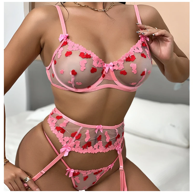 Wholesale Women Gather Lingeries Lace Female Mature Valentines Sexy Lingerie Womens Set 3 Pieces Lingerie Sets