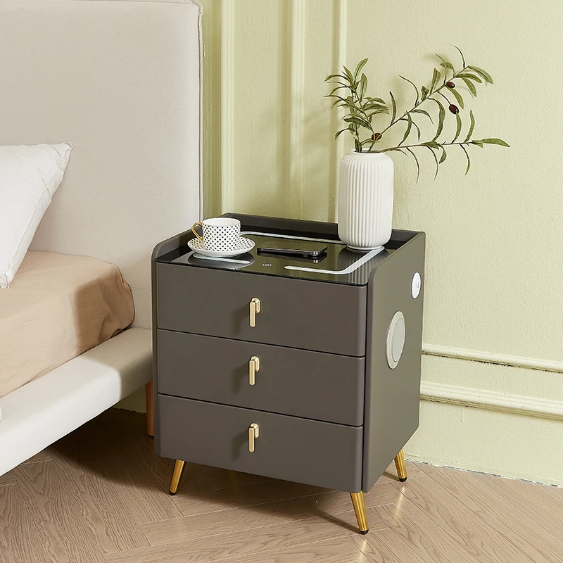 Modern MDF Nightstand Bedside Table Solid Wood Metal Smart Coffee Table with Wireless Charging USB Port  for Home Hotel Bedroom