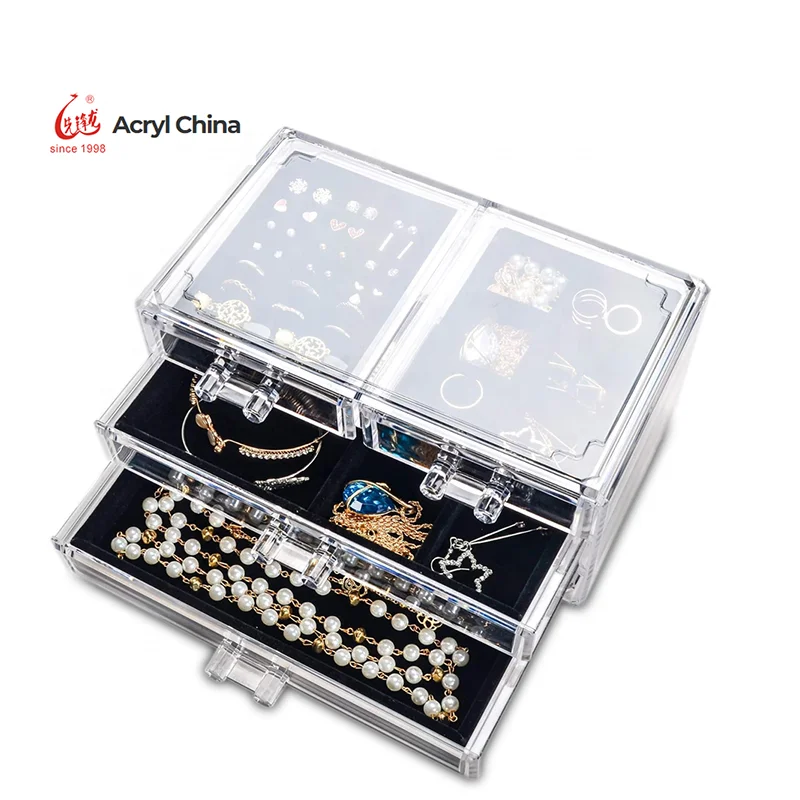 Clear Acrylic safety display rectangular lock box, jewelry display tray, with lock key and black padding