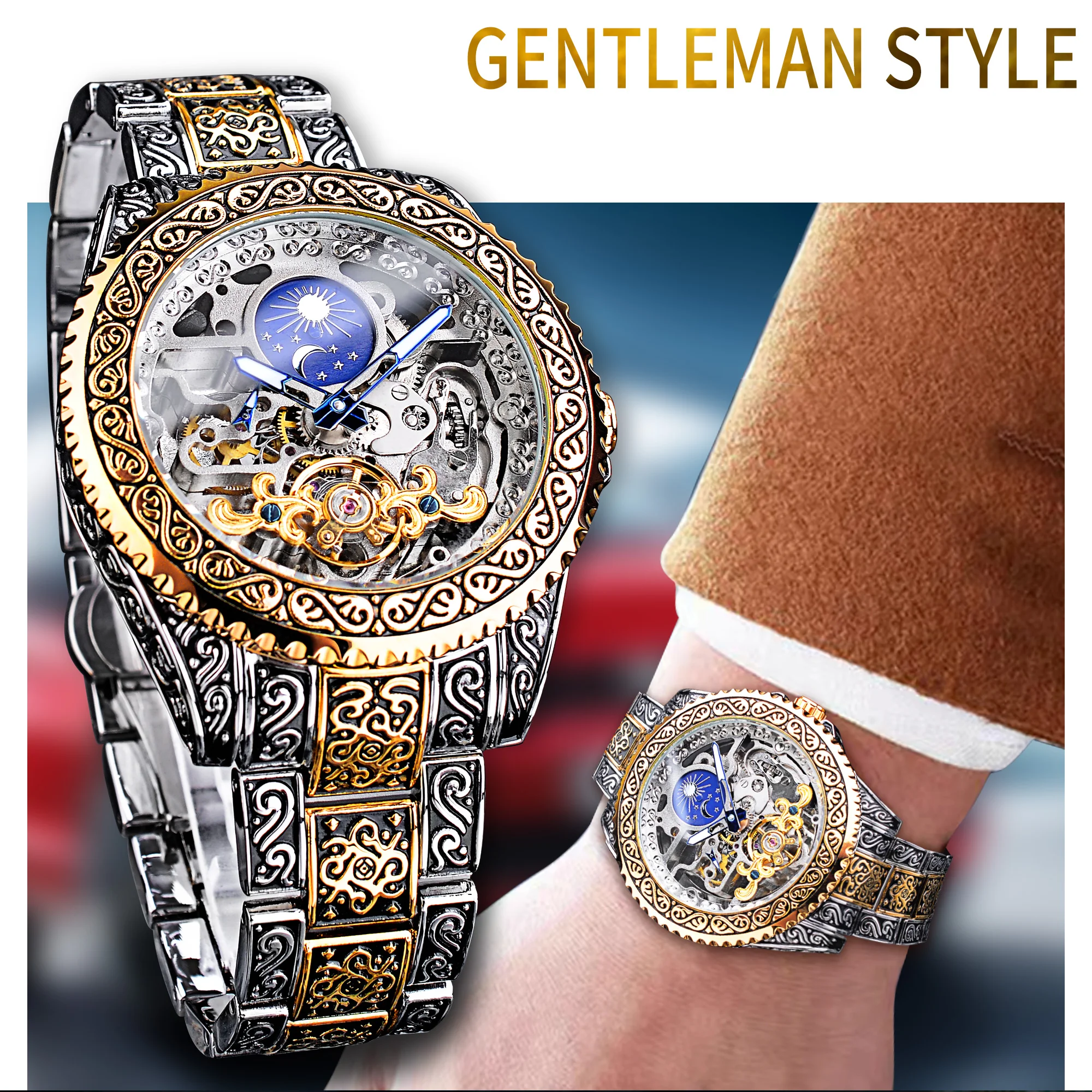 Transparent Mechanical Watch Forsining Watch Tourbillon Skeleton Mens Mechanical Watches Men Wrist Luxury Engraved Vintage Moon