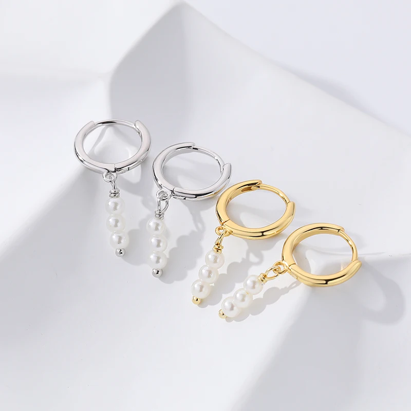 Fashion dainty  hoops ear jewelry S925 sterling silver 18k gold plated pearl drop earrings huggies for women