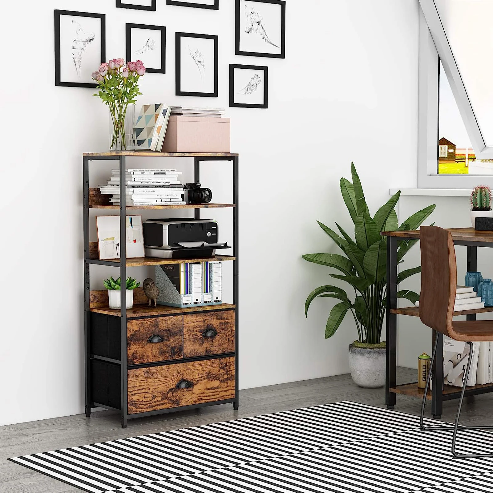 Tall Storage Shelf 4-Tier Bookshelf Rack with 3 Fabric Storage Drawers Wood top for Photos, Display in Bedroom