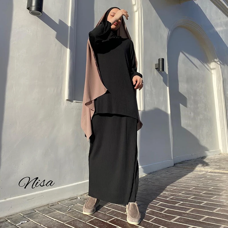 Islamic Ethnic Clothing Prayer Plus Size Elegant O Neck Long Sleeves Black Rib Knitted 2pcs Sets Muslim Dubai Ramadan