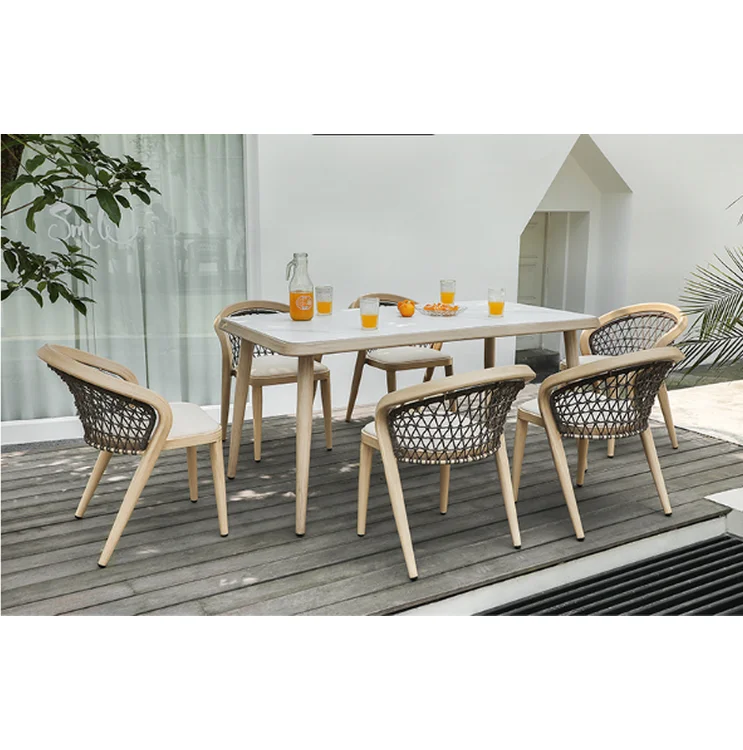 Outdoor Patio Furniture Rope Garden Set Dining Glass Table and 6 Chair Sets for Hotel and Villa