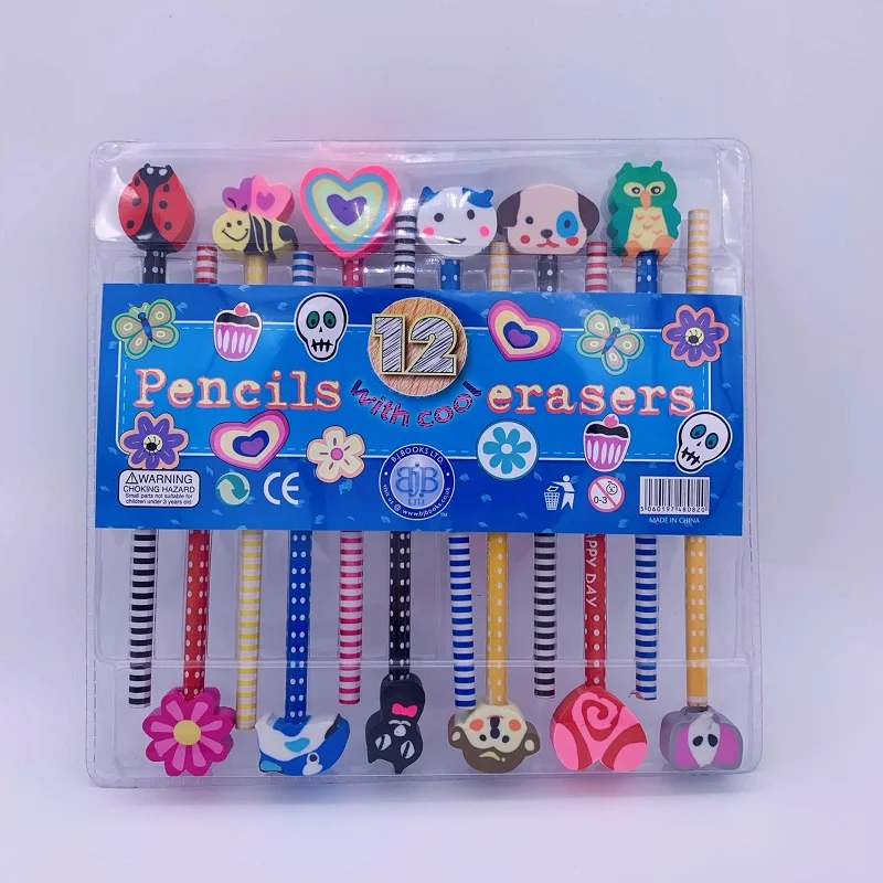 Office & School hb 12pcs cartoon Animal fruit rubber eraser pencil