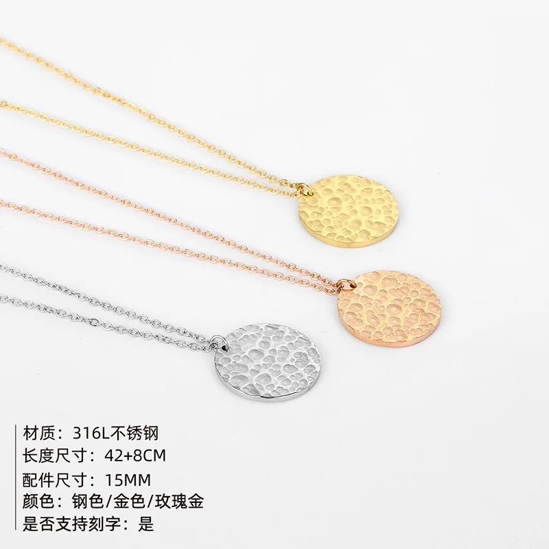 e-Manco Minimalist Round Hammered Custom Pendant Stainless Steel Necklace Sublimation Blank Laser Engraving Jewelry for Women