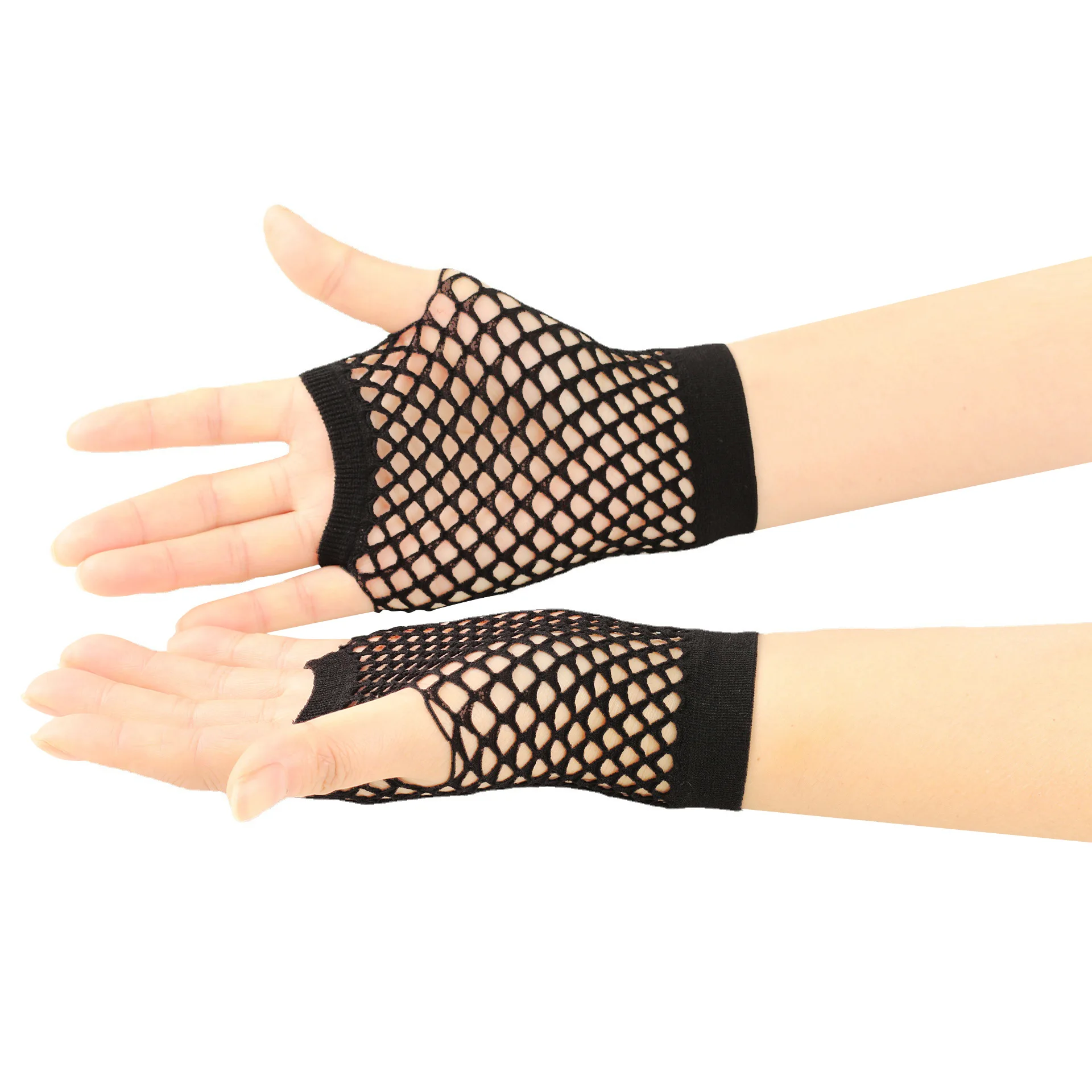 Women Black Nylon Stretchy Mesh Gloves Vintage Party Costume Fingerless Fishnet Gloves