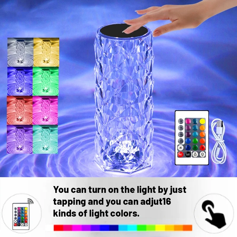 Modern Luxury LED Light Table Lamp Crystal Touch Control Decorative Lamp for Bedroom & Living Room Battery Operated