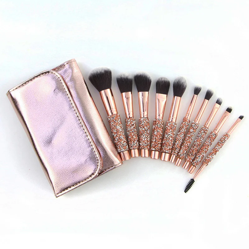 2021 New 10 shiny crystal set with diamond PU leather Bag diamond clear crystal handle makeup brushes