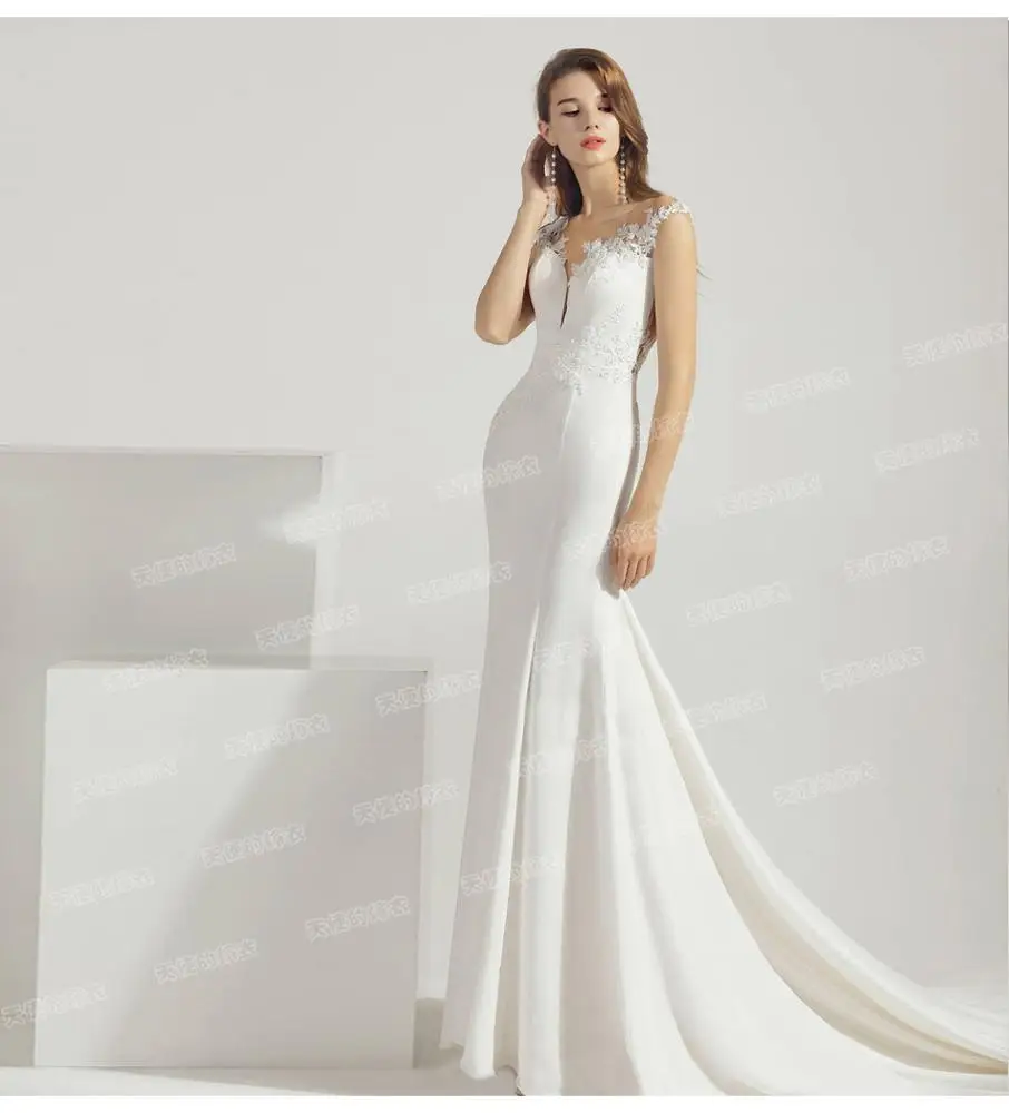 Sexy Forma Satin-twill Simple V Neck Sleeveless Bridal Gown Wedding Dresses Mermaid