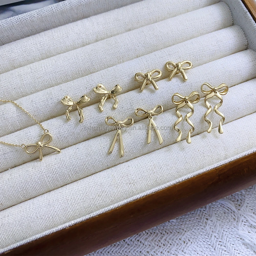 Classic  S925 Sterling Silver earrings with 14k gold finished  for Women Cute Ribbon Studs for Anniversary Gift