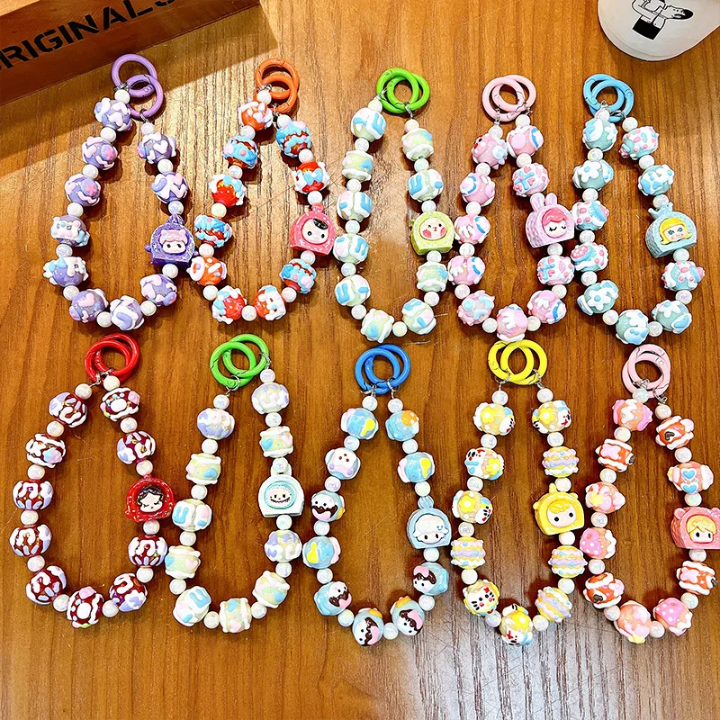 Candy Color Plastic Bead Backpack Bag Pendant Keychain Cute Doll Beaded Phone Wrist Strap Kawaii Bead Mobile Phone Chain