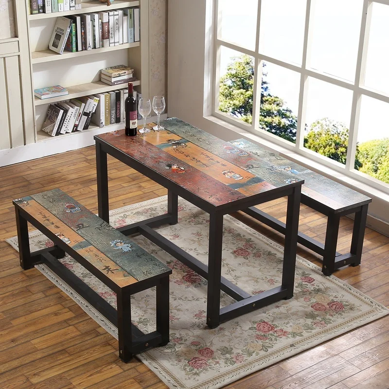 cheap 3 pcs wooden top metal frame legs resturant bar dining table set furniture with bench chair