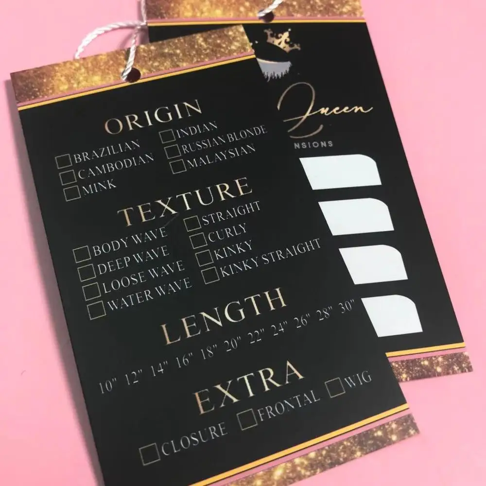 hair tag logo swing tag/label luxury foil tags maker for human hair