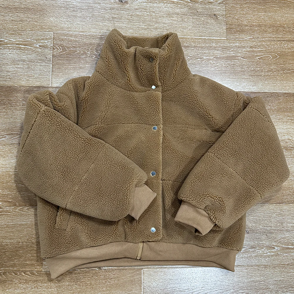 Custom high quality fleece jacket zip up button fur coat thickening with cotton sherpa teddy fleece jacket for women