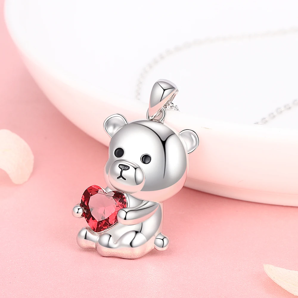 
New Fine Jewelry Zircon Red Love Heart Diamond 925 Sterling Silver Teddy Bear Pendant Necklace 