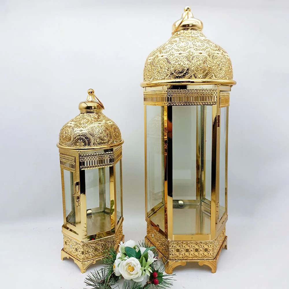 New Design Gold Candle Lantern Meta Moroccan Lantern Round Ramadan Lantern for Holiday Decor