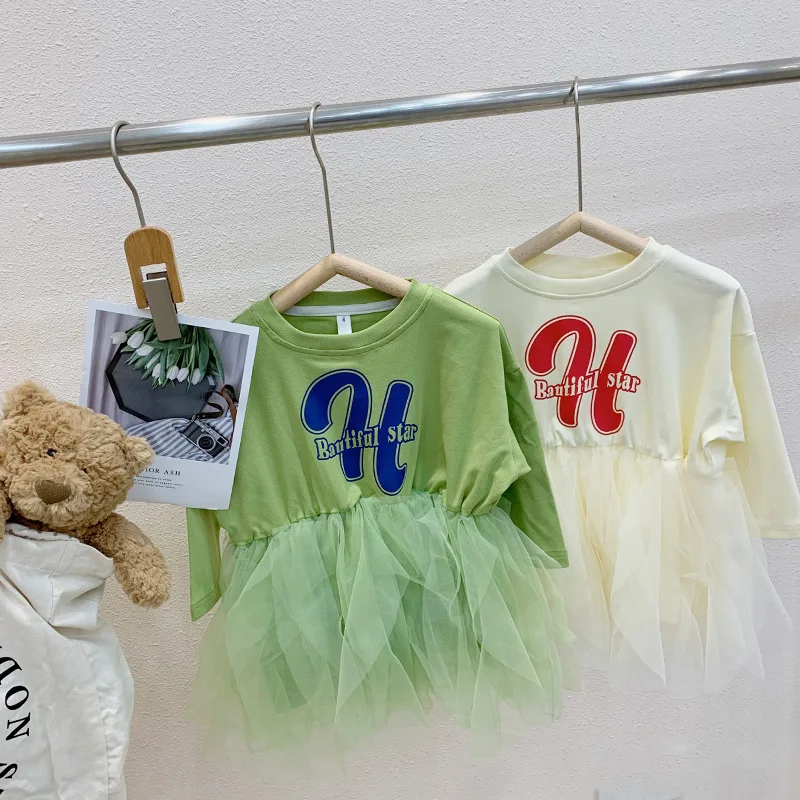 2023 Spring Toddler Girl Tulle Patchwork Print Long Sleeved Dress Green Beige 2-7 Years