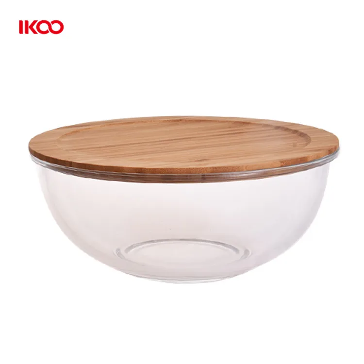 round glass fruit salad food prep serving bowl glass mixing bowl with wood lid