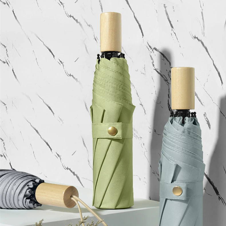 Wholesale cheap foldable rain umbrella 3 folding fiber wooden handle umbrella from china