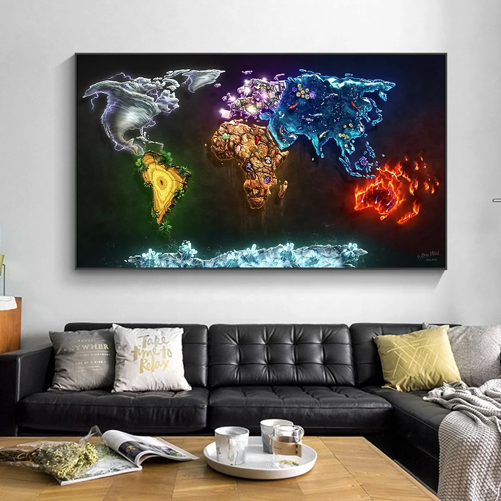 low price wholesale Colorful World Map Canvas Art Poster Abstract Creative art wall decor paintings for living room wall