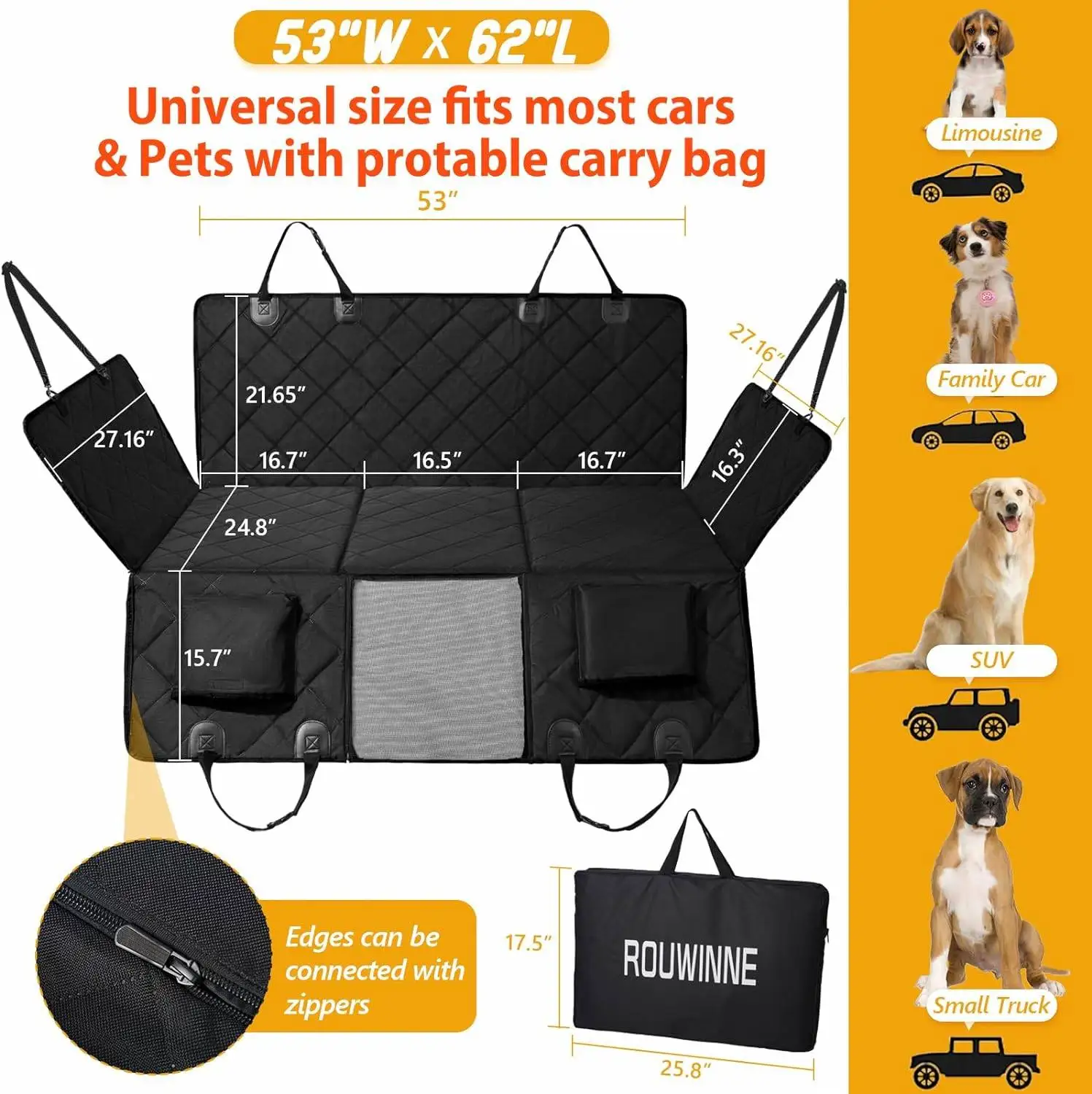 Large Space Dog Car Seat Cover Waterproof Dog Seat Covers for Cars SUV with Mesh Window and Storage Pocket