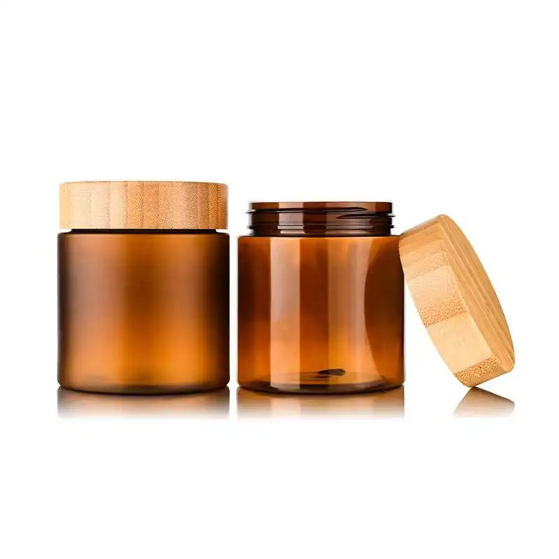 Eco-friendly Cosmetic Storage Bamboo PET Jar Amber Clear Frosted Bamboo Screw Lid Plastic Jar