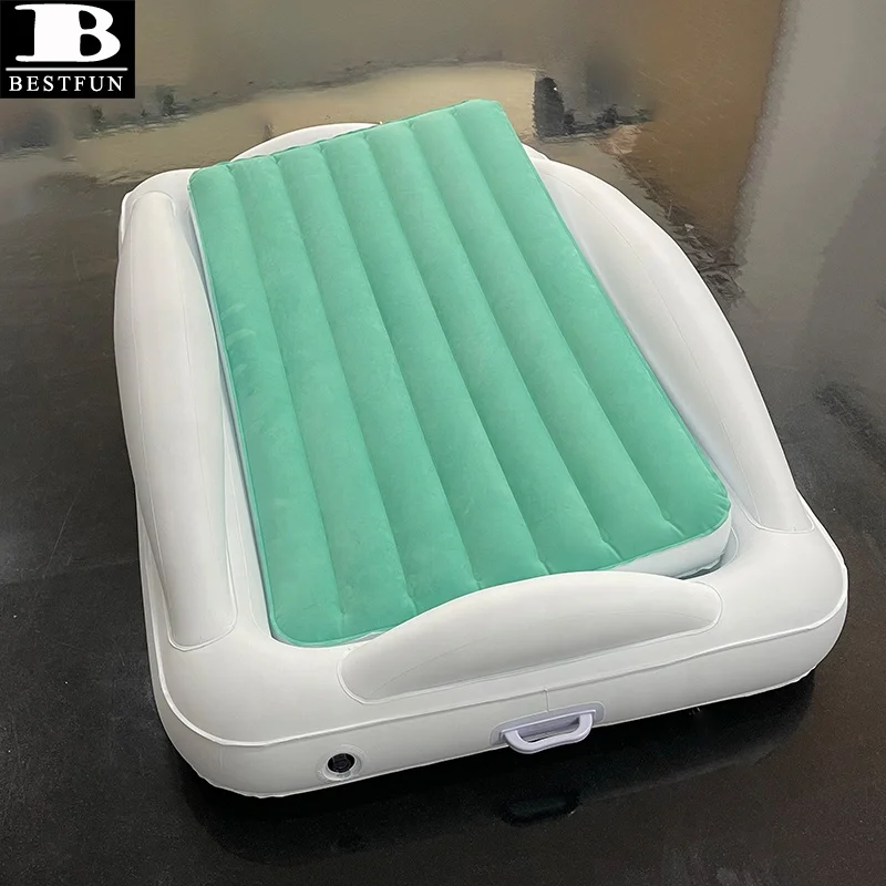premium downy flocking surface inflatable toddler travel bed with 4-sided safety bumpers folding portable infant air mattress