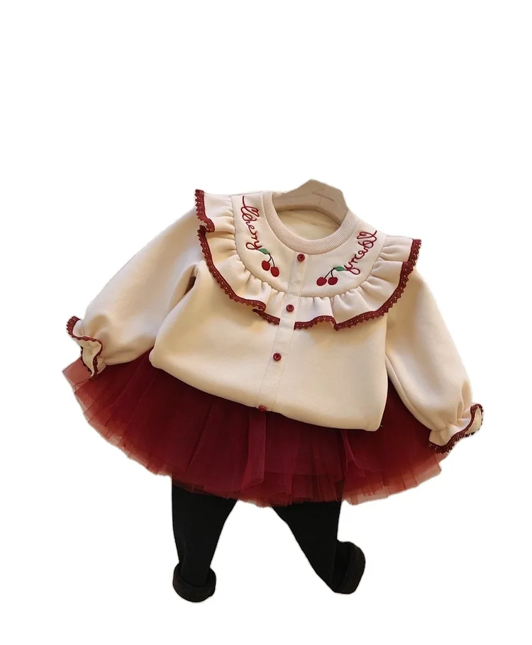 Autumn winter girls clothing set Add fleece long sleeve embroidered hoodie and gauze skirt skirt pants two sets good price