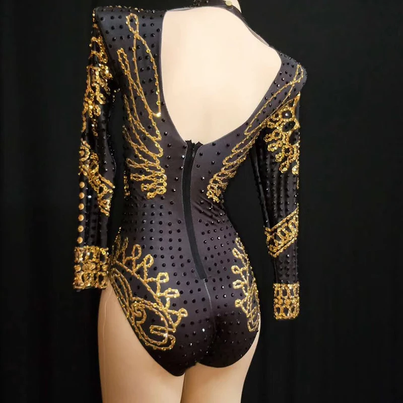 Sexy Glisten Black Gold Crystals Bodysuit Women Long Sleeves Outfit Dance Stage Show Nightclub Costume Singer nice Leotard Wear