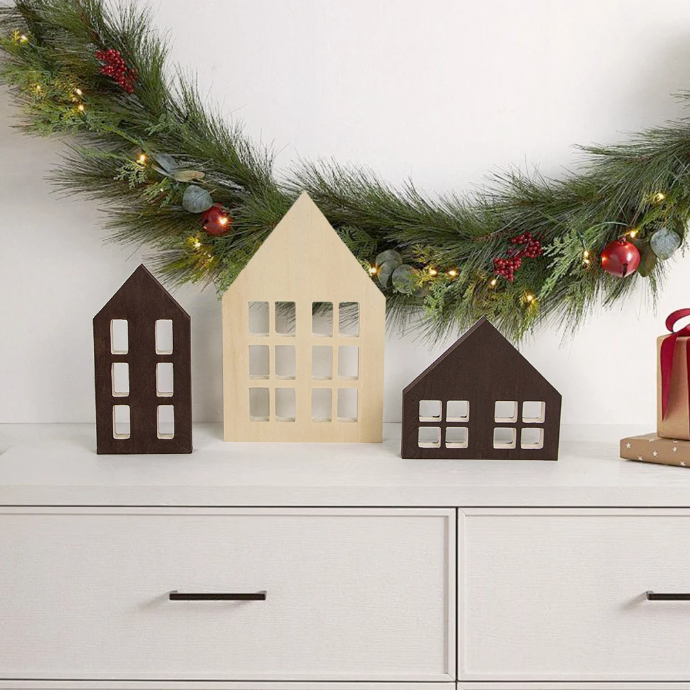 Wooden decorative houses suppliers custom Blanks unfinished Mini House Shapes Village  for Christmas decoration