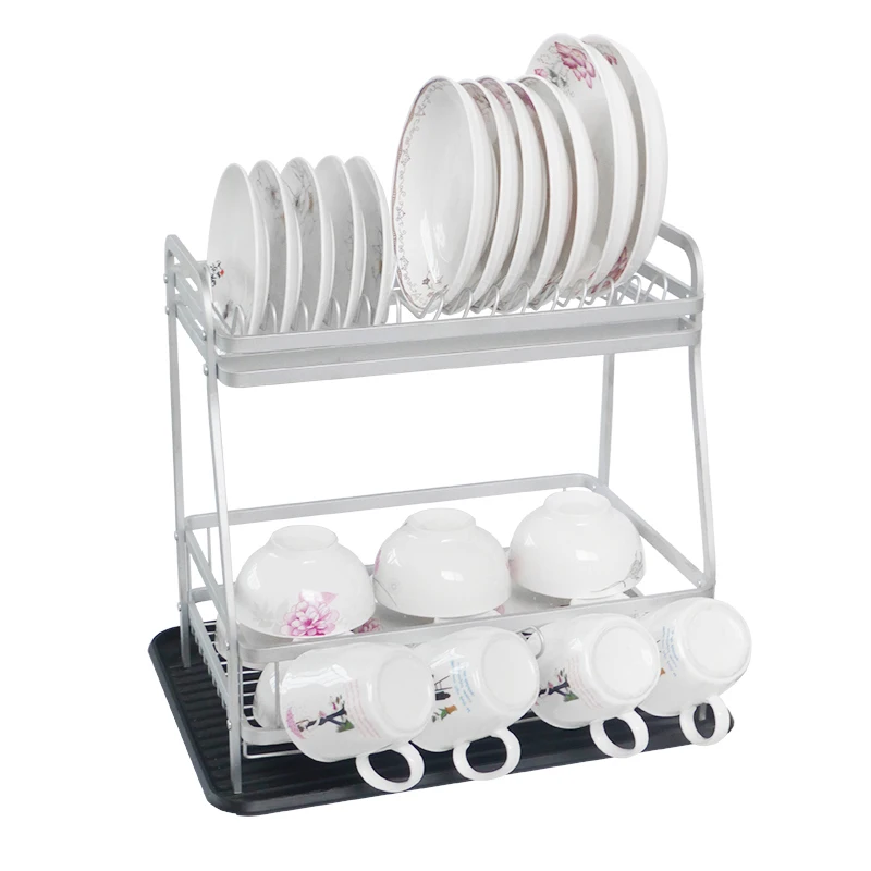 Kitchen Counter Top Dish Drying Rack Storage holders Racks Dish Two Layers With Removable Black Drain Tay