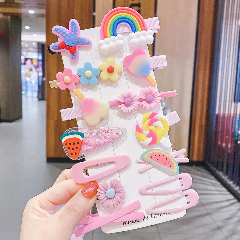 14pcs/set Factory Sale Cartoon Rainbow Hair Pin Handmade for Girls Kids Hair Accessories Fancy Cute Hair Clips