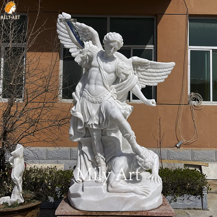 Hot Sale Outdoor Religious Saint Michael Statue White Marble Male Angel Sculpture