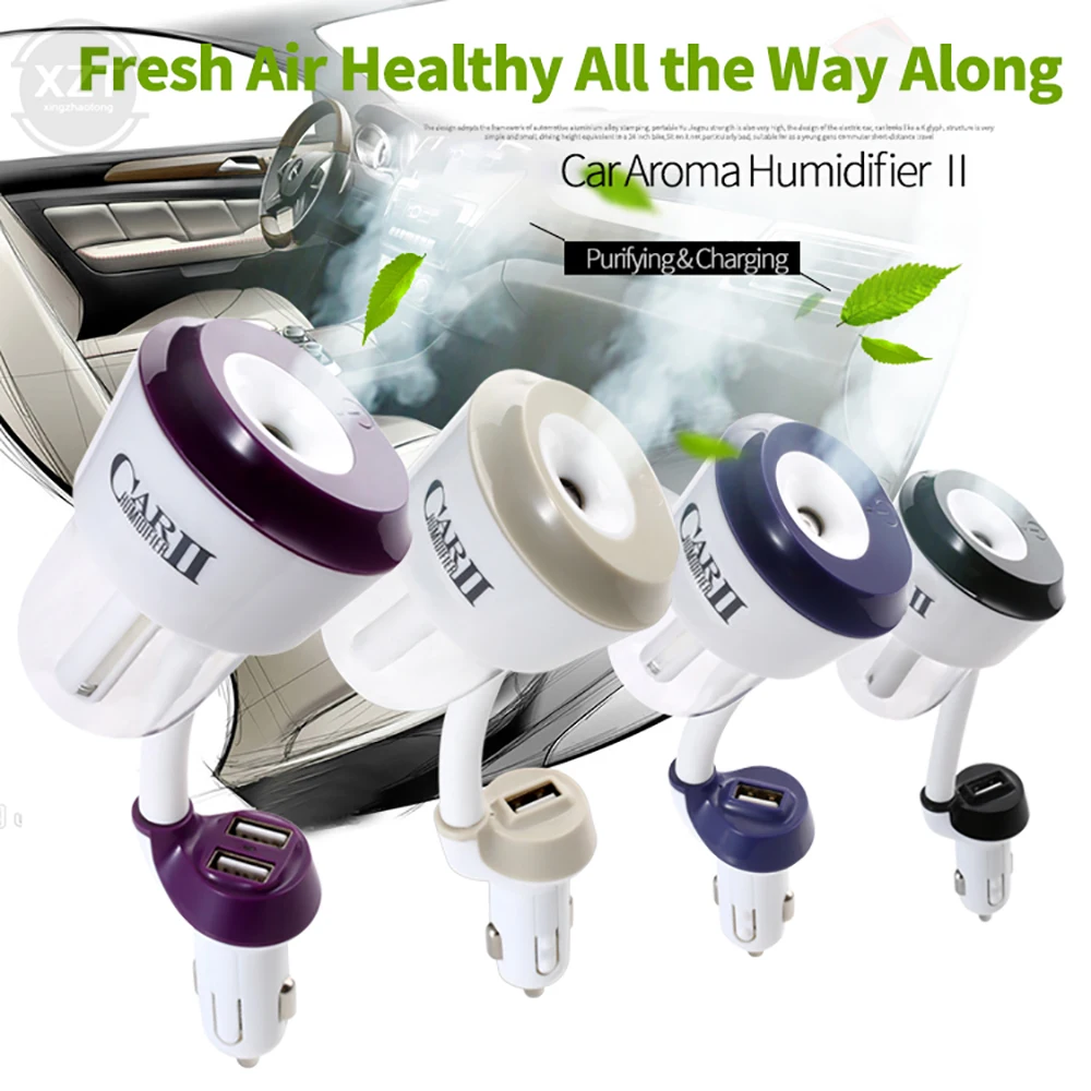 12V Car Air Humidifier Car Air Freshener Purifier Aroma Oil Diffuser Aromatherapy Mist Fogger with 2 USB Car Charger Ports