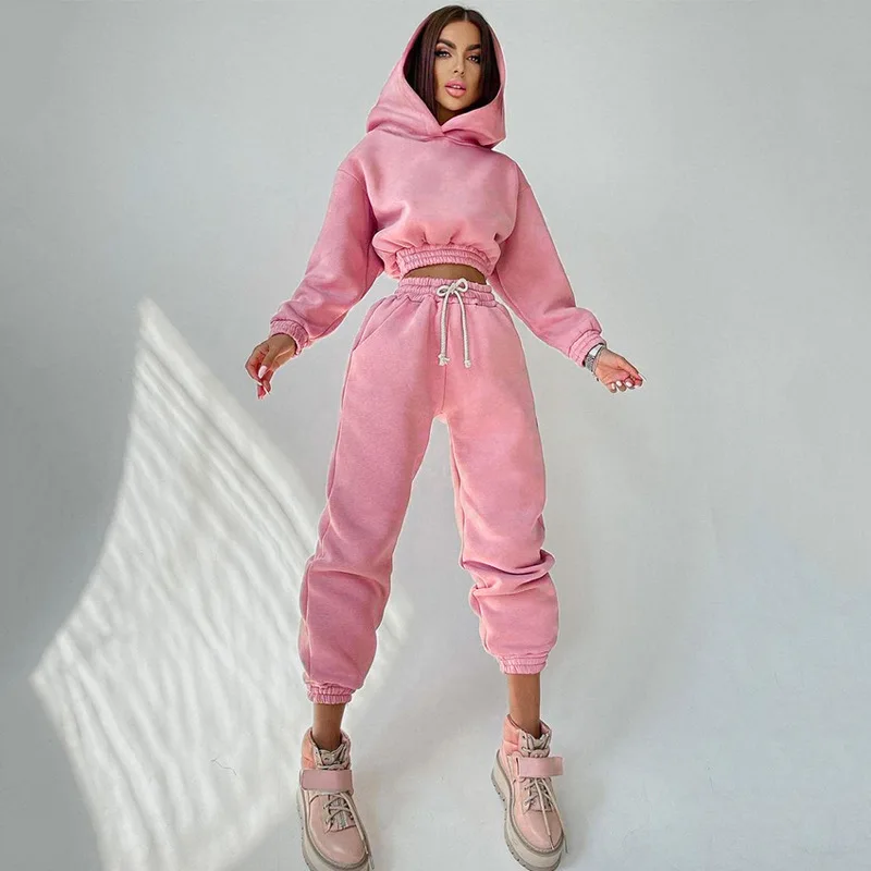 Winter New Women Sweatsuit Set Tracksuit Crop Top Hoodie 2 Piece Solid Color Sets