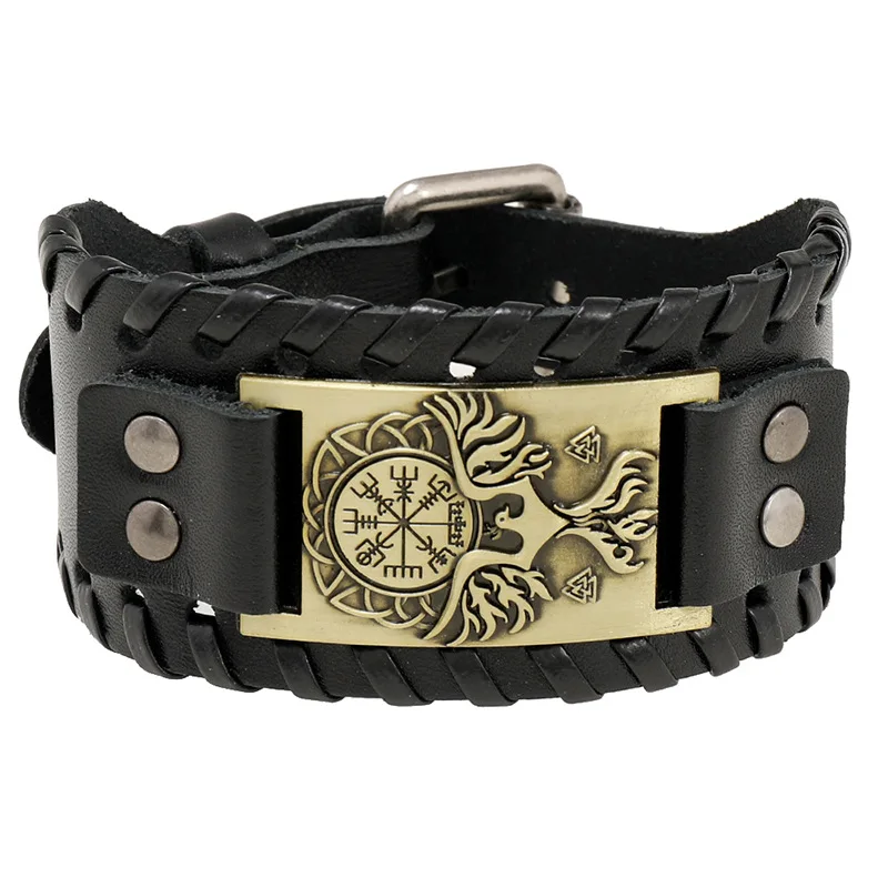 Nordic style Viking compass leather bracelet Retro punk jewelry vikings valhalla bangle for men
