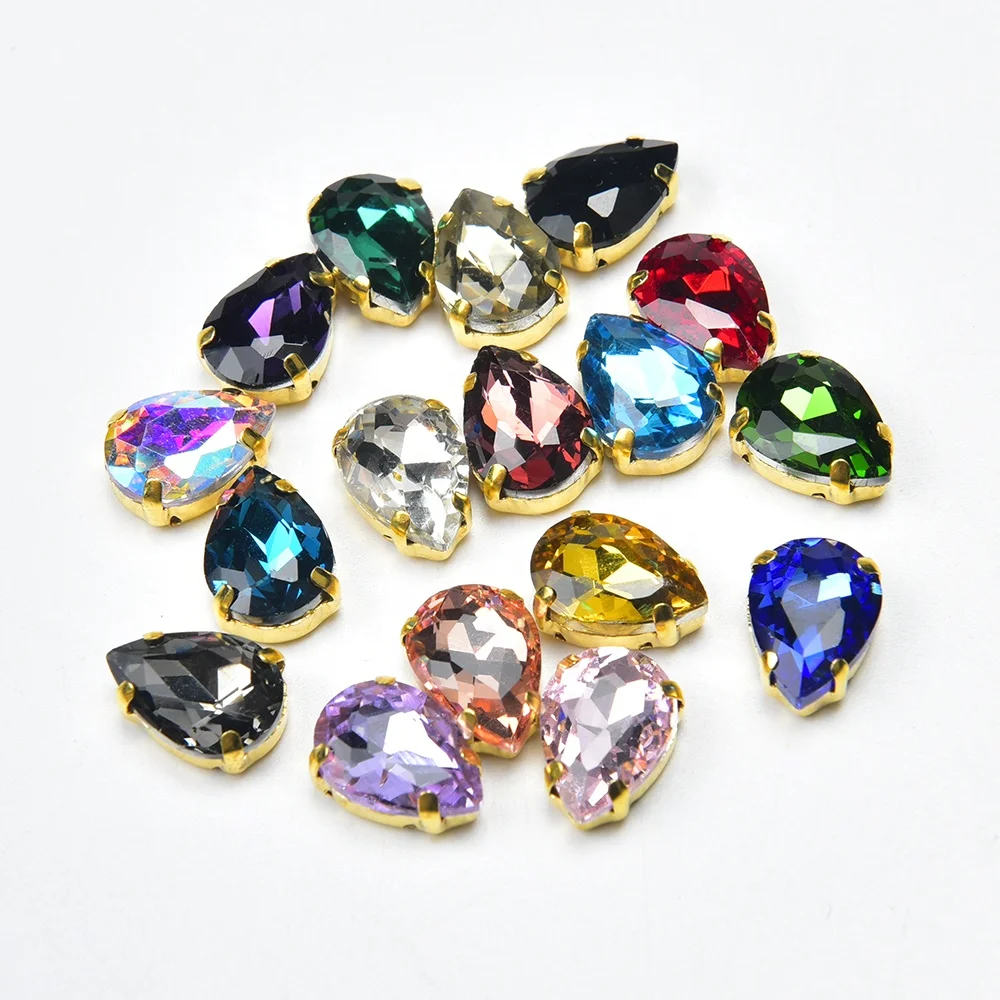 Water Drop Glass Rhinestone Gold Claw Setting Teardrop Shaped Crystal Sewing Charms Decorative Wedding Dress Jewelry Accessories