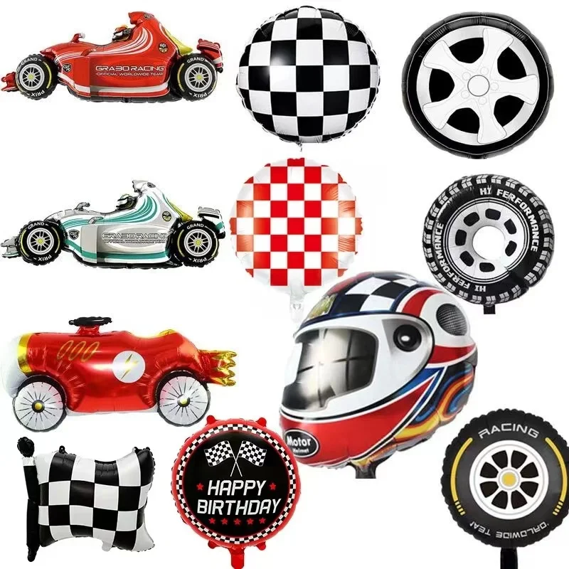 Cartoon Car Foil Balloon Black And White Checkered Stripe Round Shape Helium Balloon Racing Theme Tire Decoration Supplies