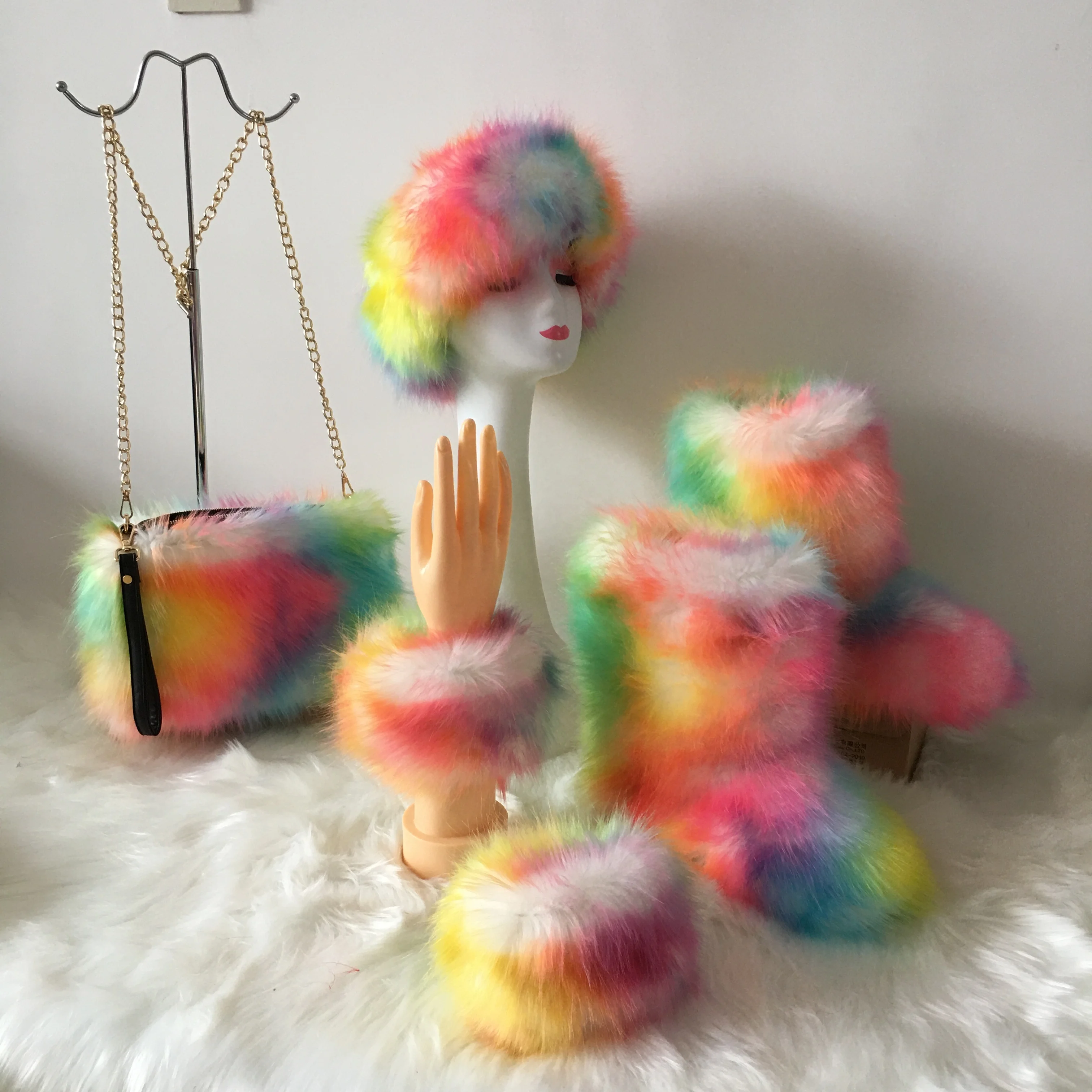 Boots Fur Boot Fur Furry Boots Winter Shoes Women Snow  With Bag Headband keep warm