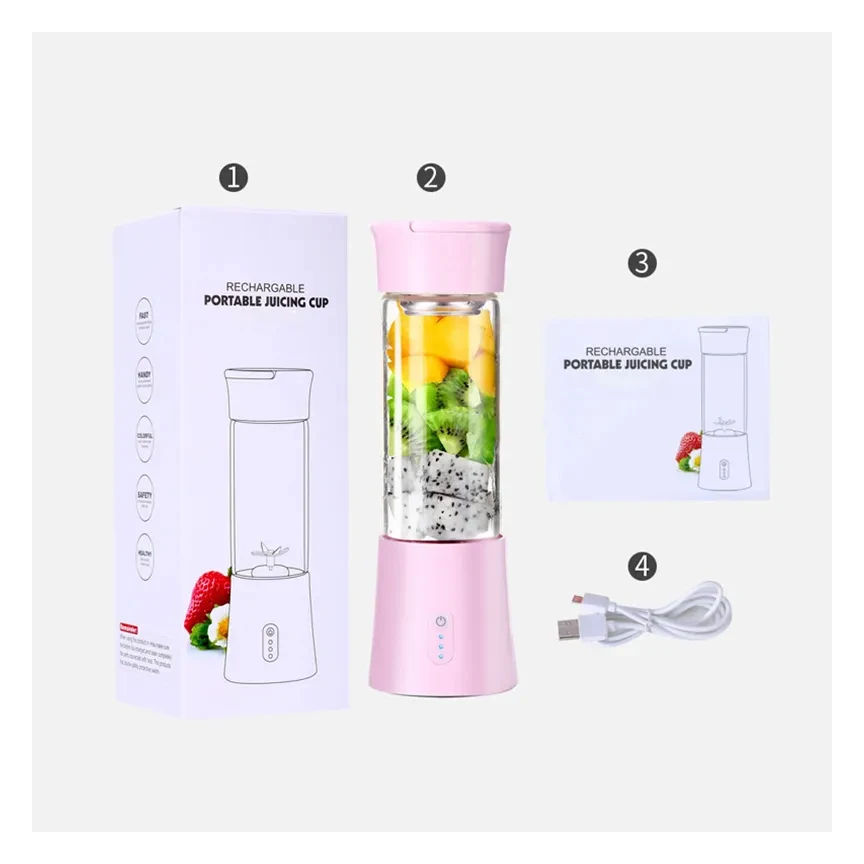 wholesale 380ML mixeur filtro licuadora Mini Home borosilicate 6 Blades LOW NOISE Usb Rechargeable portable mixer Juicer Blender
