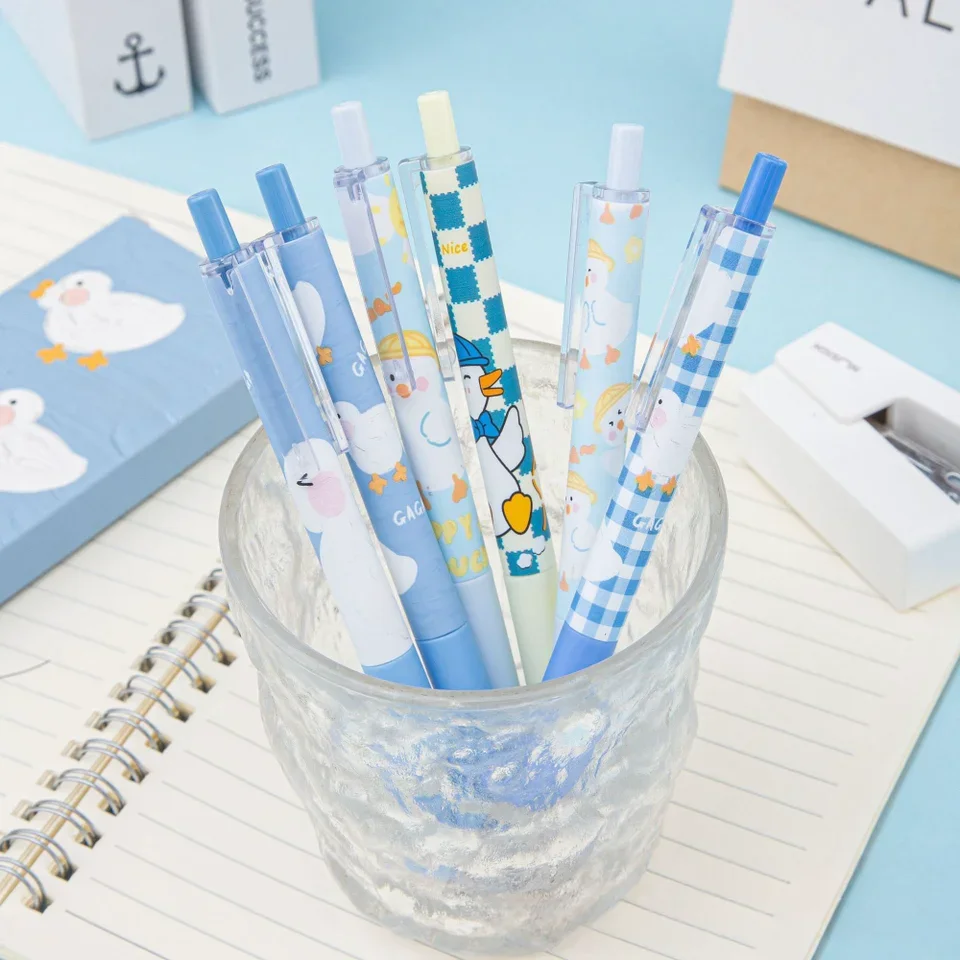 6pcs/set 0.5mm Cute Duck Gel Pens - Fine Writing Instruments with ST Nib, Black Ink, Press Pen Function Aesthetic Stationery