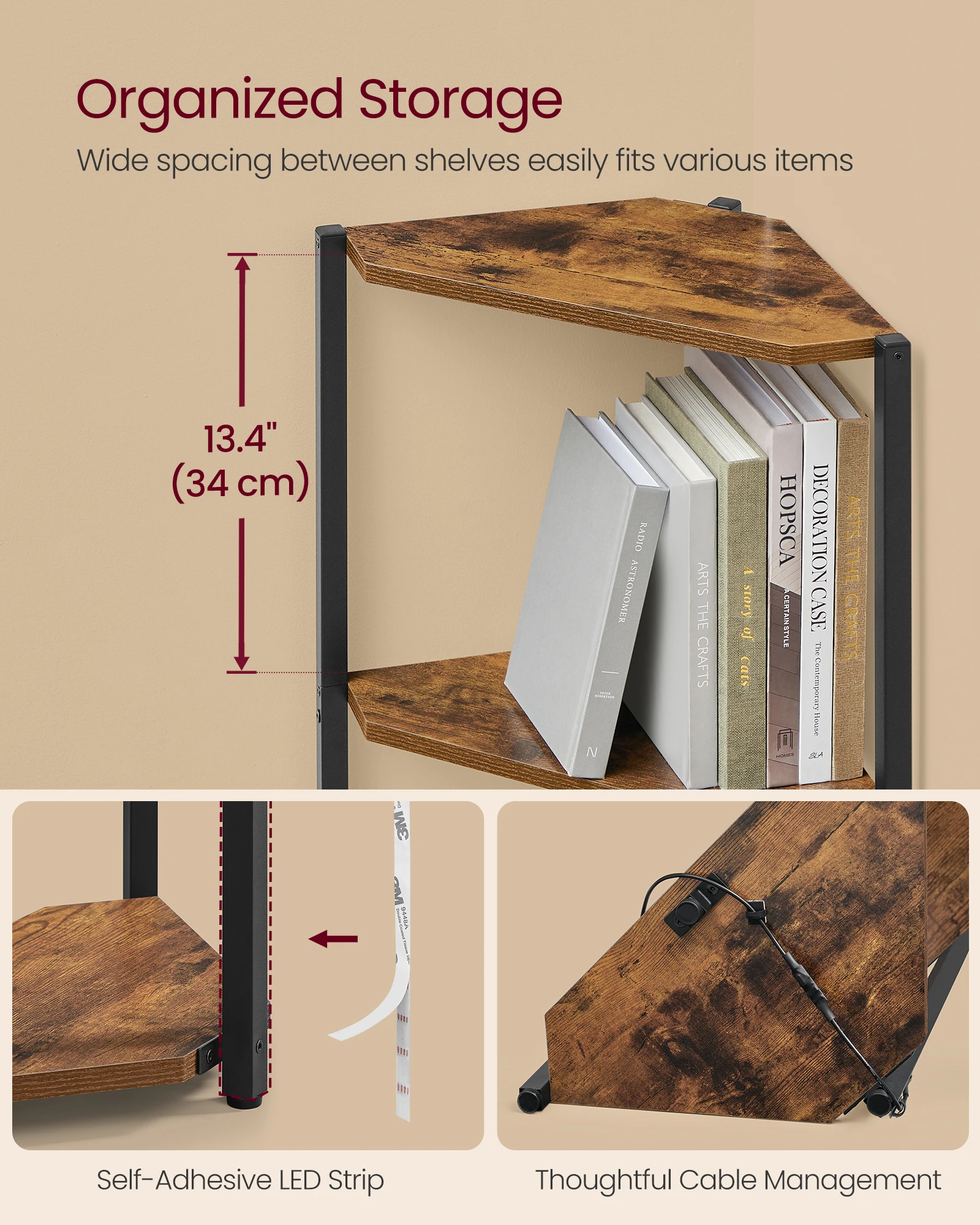 VASAGLE Bookcase with Adjustable LED Lights Corner bookshelf multi-layer simple desk storage racks 5-Tier Corner Shelf