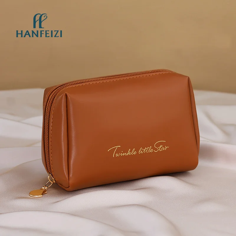 HANFEIZI Portable Makeup Bag Travel Hand-held Storage Bag Waterproof PU Leather Brush Storage Pouch for Women