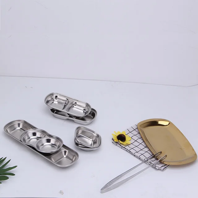 
Japanese And Korean SS304 Delicious Sauce Dish Kitchen Barbecue Seasoning Plate Snack Tray Gold and Silver for Restaurant 