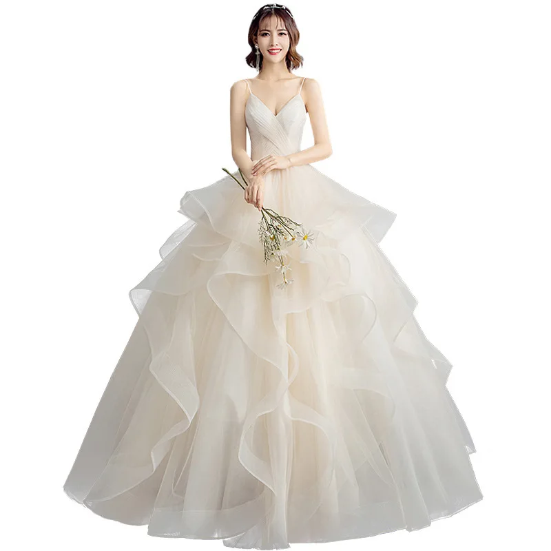 2022 New Summer Wedding dress Sexy Deep V Neck Ball Gowns Spaghetti Straps Off White Champagne Tulle Prom Bridal Dress