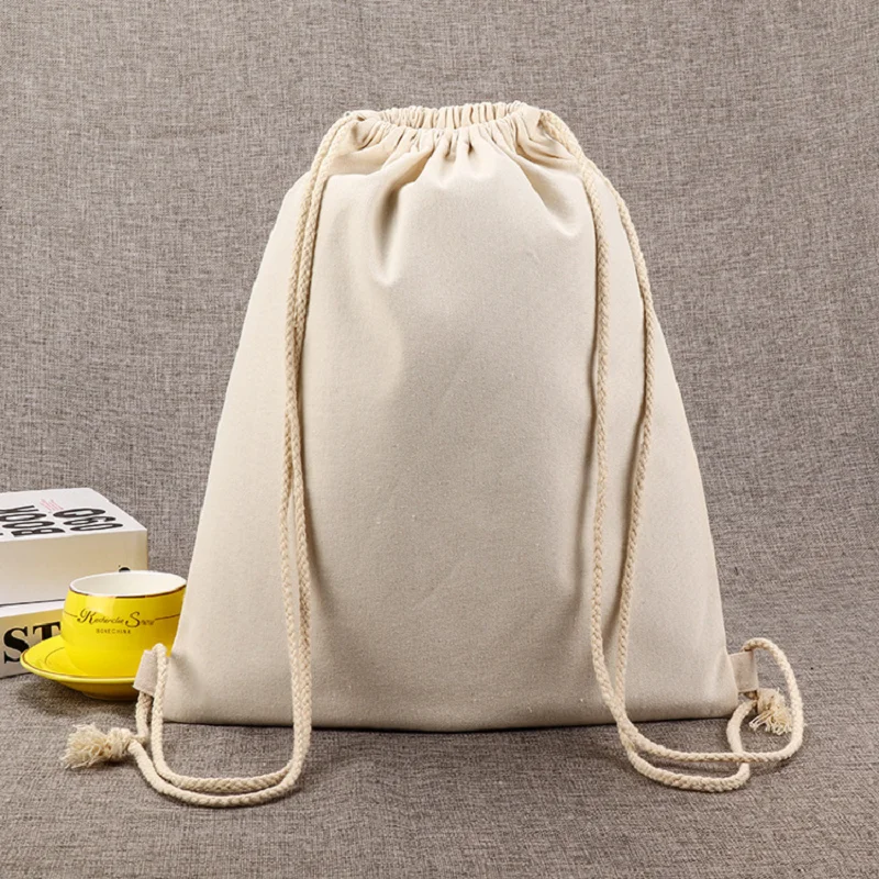 Eco-Friendly Durable Cotton Canvas Drawstring Backpack Bag For Students Portable Fabric Travel Use Bags