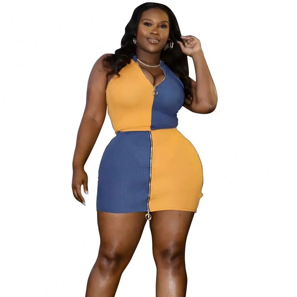 Wholesale Plus Size 5XL Women Casual Dresses With Zipper Fashion Two Piece Skirt Set Dress For Fat Woman