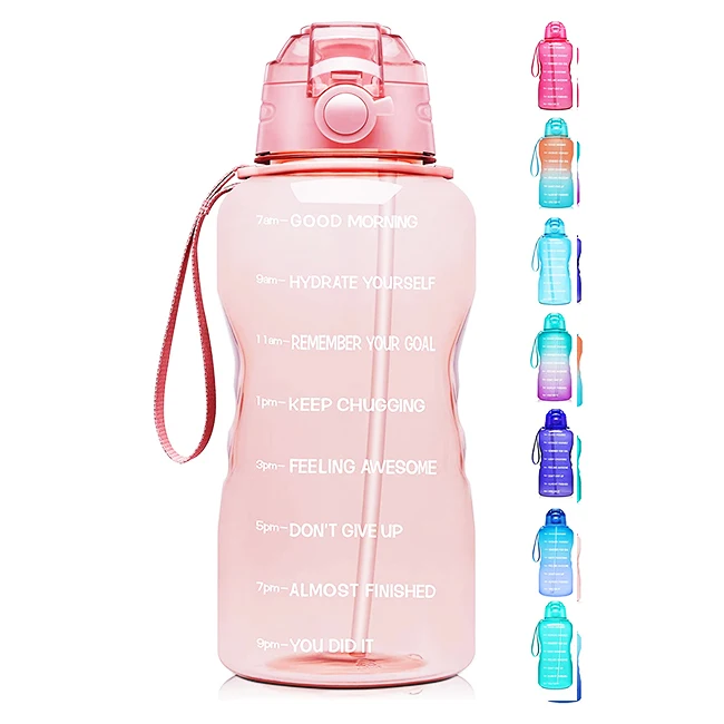 3800ml BPA Free Gradient Pink Color Gym Motivational Water Bottle with Paracord Handle & Removable Straw